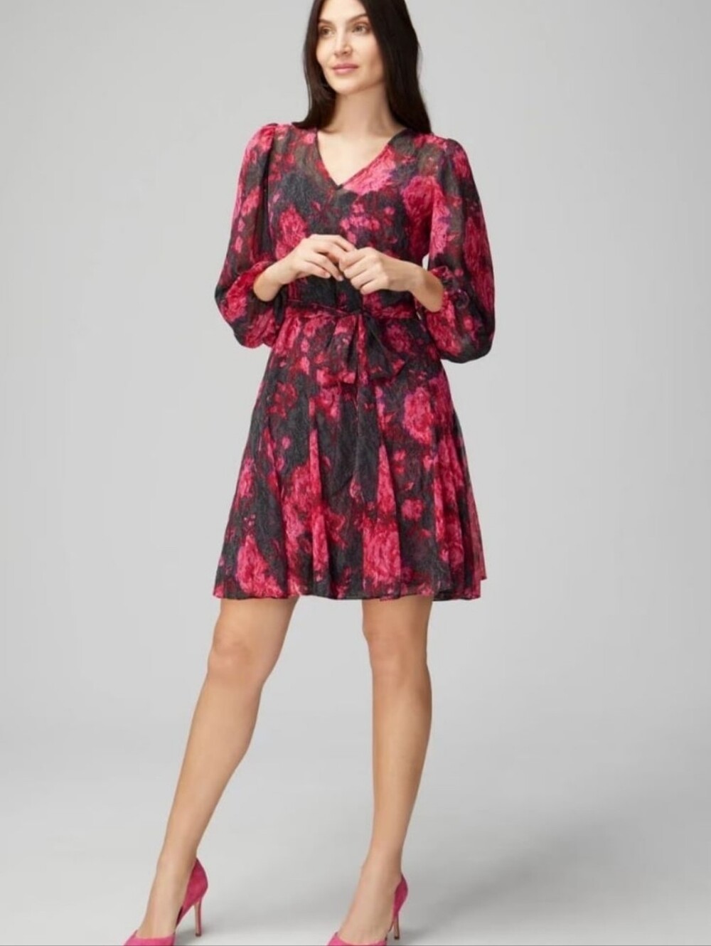 White House Black Market Floral Dress Size 00 Pink Black Long Sleeve Tie Waist
